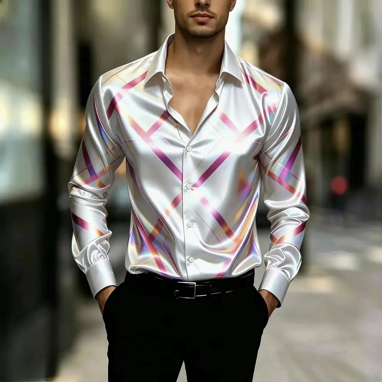 Men's Long-Sleeved Shirt Luxurious Irregular Striped Printed Nightclub Party Dress Shirt Casual Fashion Button Top