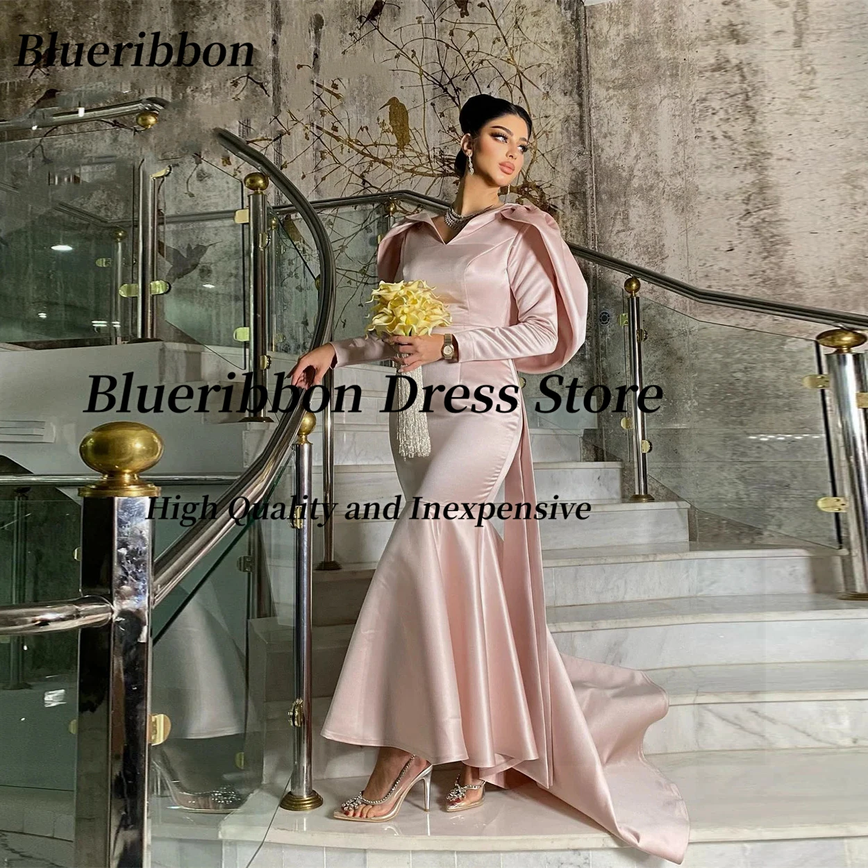 

Blueribbon Vestidos Des Fiesta V Neck Long Sleeves Prom Dresses Saudi Women Wear Backless Mermaid Evening Party Gowns Customized