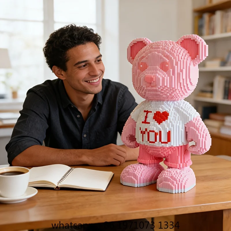 Pink Heart Bear 3D Puzzle Micro Building Block Ornament Decoration for Room Home Party Statue Handicraft Animal Bear