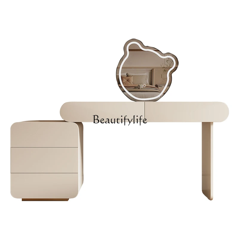 

4Cream wind dresser storage integrated simple modern small apartment large round mirror retractable makeup table