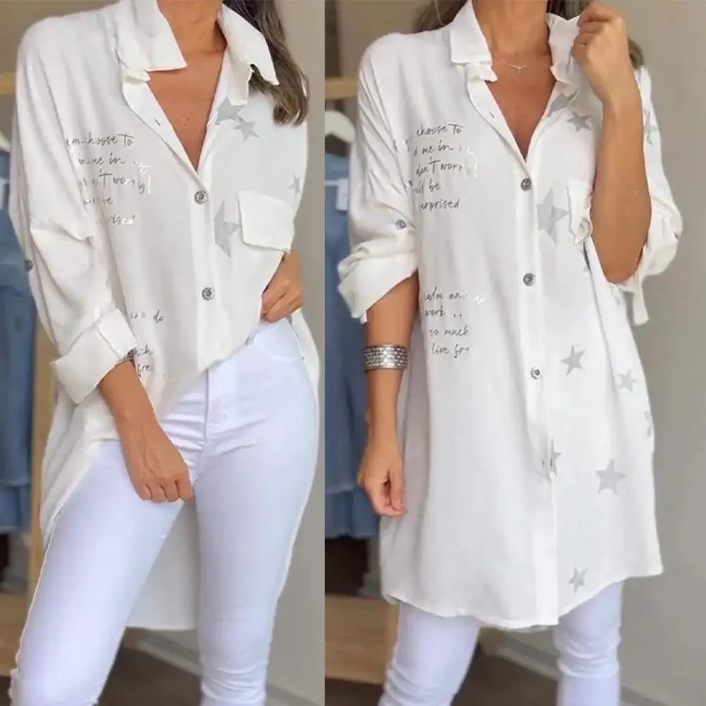 

Women Denim Shirt Lapel Long Sleeve Printing Boyfriend Style Shirt Single Breasted Mid-length Shirt