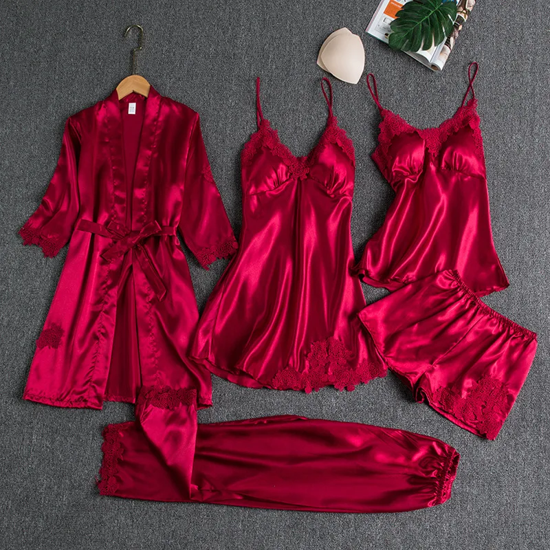 Womens Silk Satin Pajamas Sets 5pcs Loungewear Sexy Bath Robe With Belt Slip Dress Cami Shorts Long Pants Full Set Pjs Sleepwear