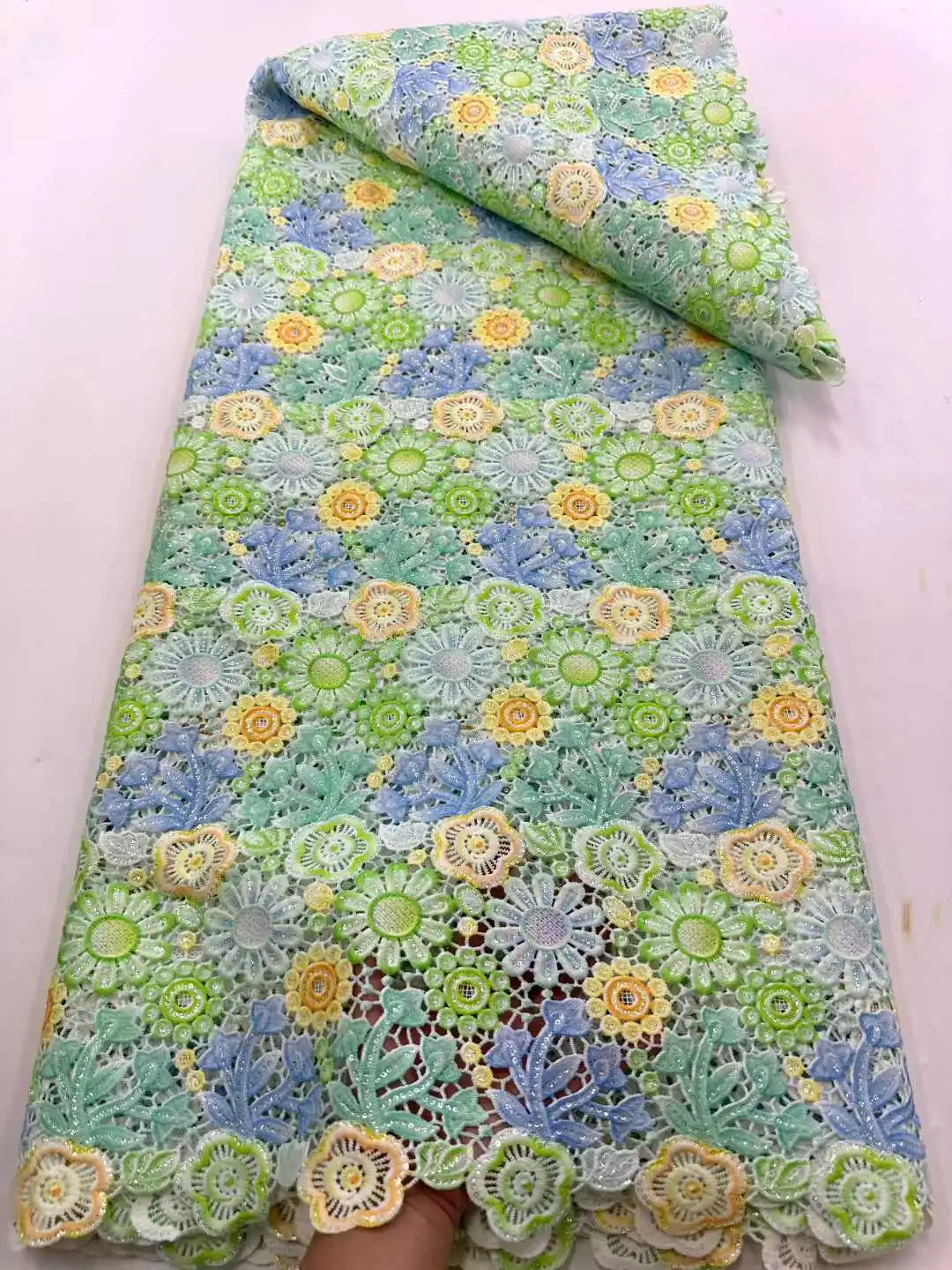 

Кружевная ткань SJ из молочного шелка с пайетками, африканское гипюровое кружево, французское водорастворимое кружево 2026 для свадебных платьев