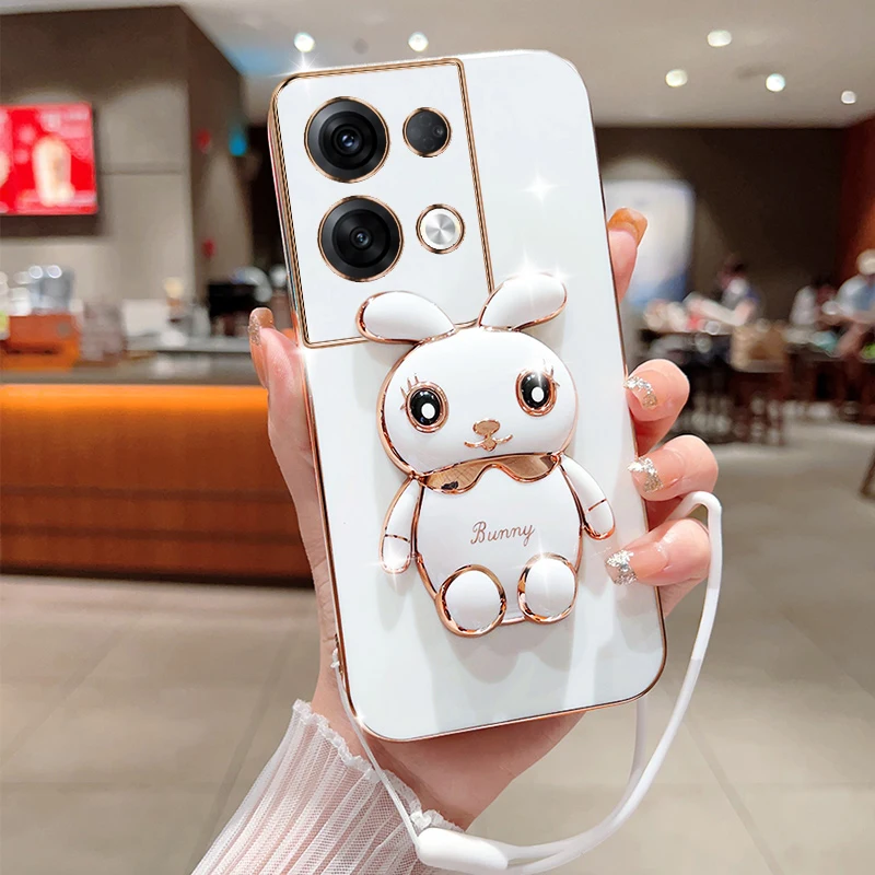 Cute Cartoon Rabbit Fold Stand For OPPO Reno 8 Pro Plus 5G Phone Case With Lanyard Luxury Plating Cover