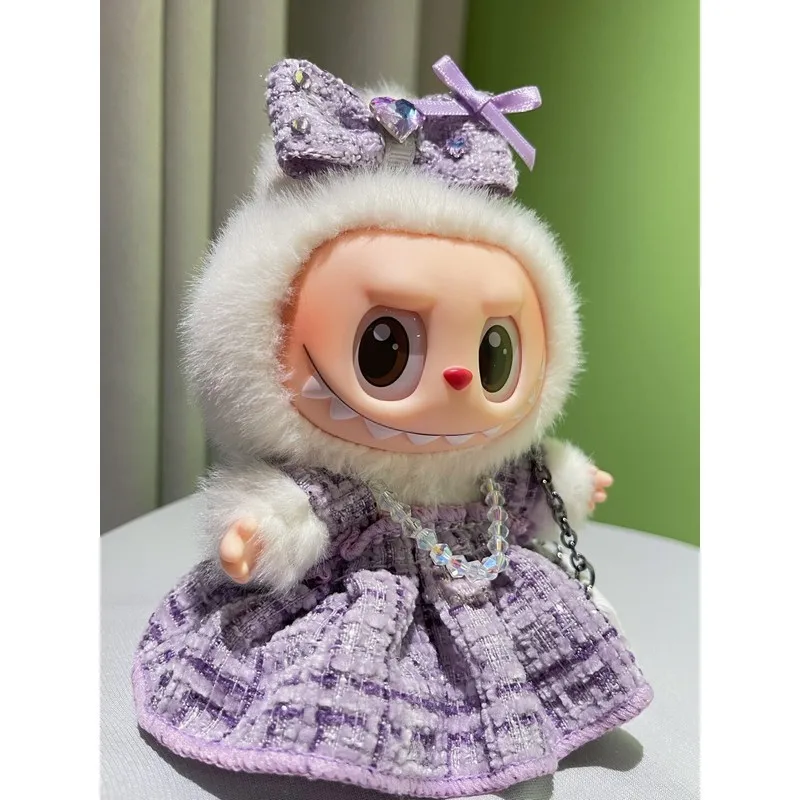 Caja ciega con colgante de primera segunda generación, serie de fiesta sentada, muñeca de vinilo, ropa de bebé púrpura, reemplazo de LABUBU