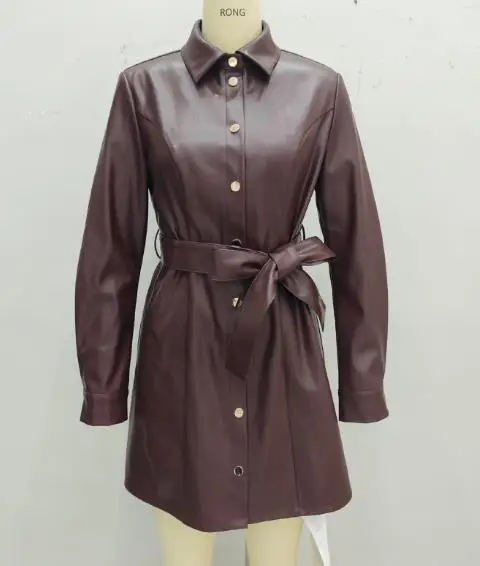 

Fashionable British Medium Length Leather Jacket with Waistband Long Sleeved PU Leather Windbreaker for Spring Autumn