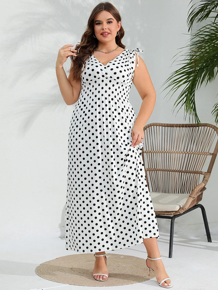 GIBSIE Plus Size Polka Dot V Neck Sleeveless Dress For Women 2024 Summer Knot Shoulder Vacation Casual Elastic A-line Maxi Dress