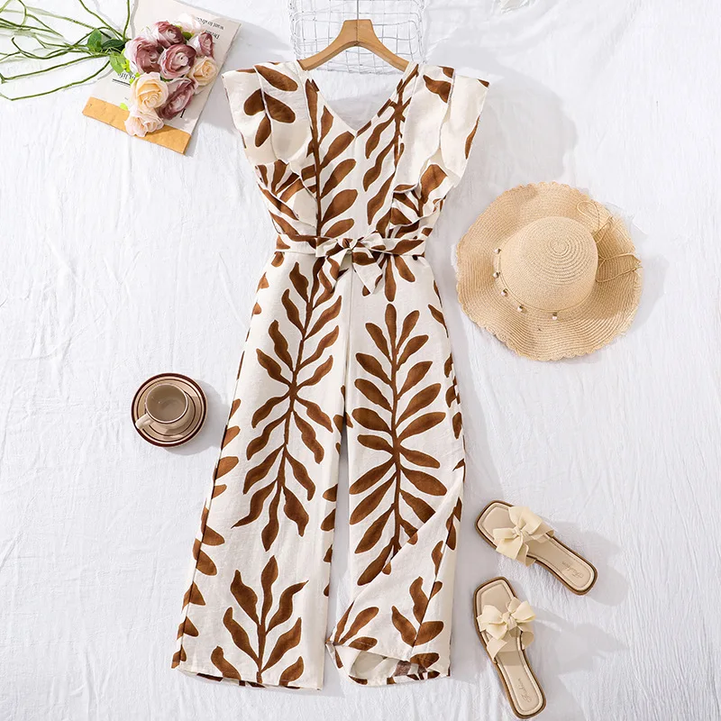 

Girl's Clothing Spring and Summer New Elegant V-neck Casual Tropical Leaf Printed Jumpsuit