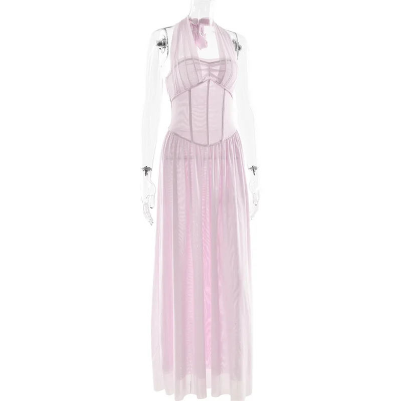 Vestido de noche plisado con cuello Halter para mujer, falda grande sin mangas con dobladillo, vestido ajustado rosa y blanco, falda de fiesta, novedad en oferta