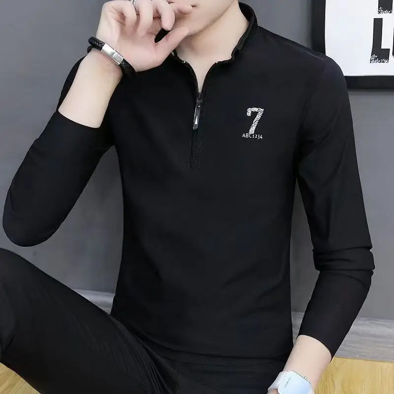 Men\'s Spring Autumn Turtleneck Solid Pullover Zipper Printed Long Sleeve T-shirt Undershirt Office Lady England Style Loose Tops