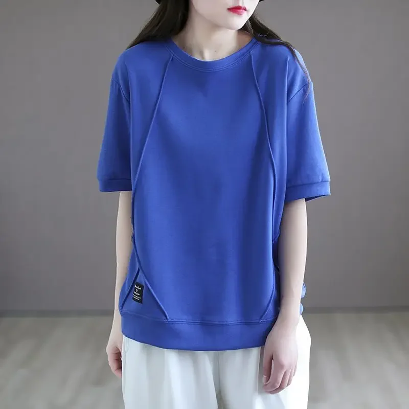 2024 New Solid Color Loose Casual Short Sleeve T-shirts Vintage Tops Women O Neck Chic Pullovers All Match Female Clothes M25