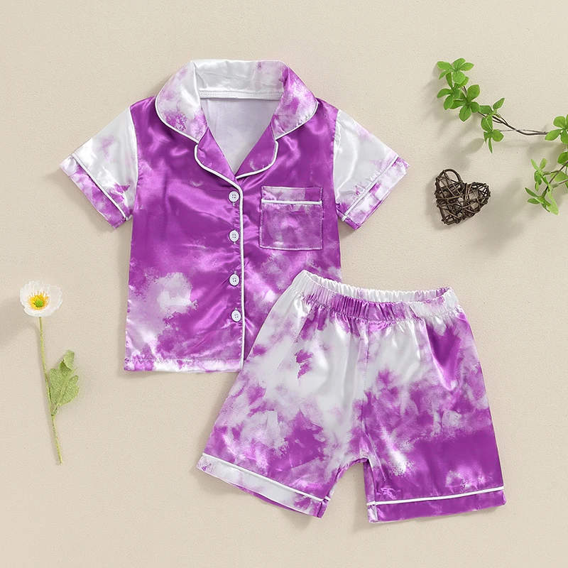 

Girl'S Summer Pajama Set With Short Sleeved Lapel Tie Dye Printed Cardigan Pajama Short Sleeved Top+Shorts Shirt Shorts Pajama