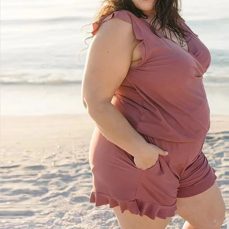 Conjunto de dos piezas para mujer, traje de baño liso, Sexy, elegante, fruncido, sin mangas, ropa de playa al aire libre