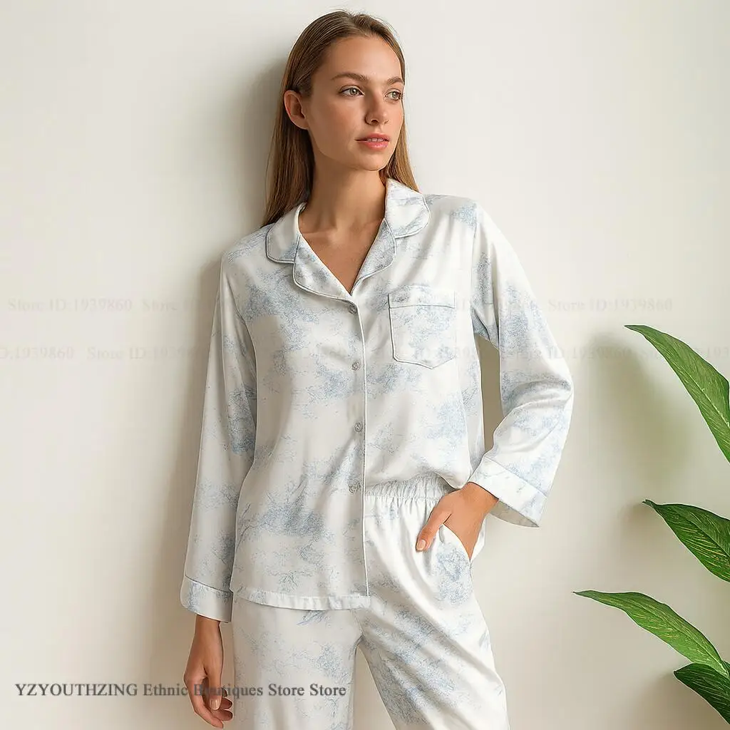 الإناث 2 قطعة منامة مجموعة ملابس خاصة طباعة زهرة طويلة الأكمام بنطلون ملابس المنزل مثير حريري الساتان الملابس الداخلية ملابس النوم المتسكعون #1