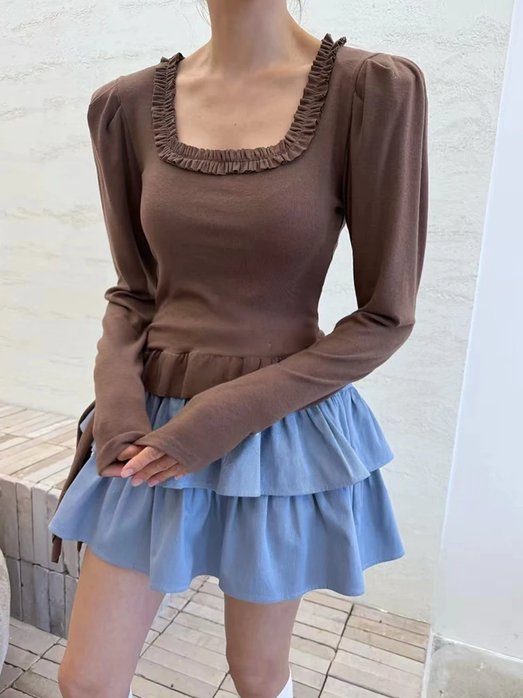 

Chic Autumnal Ruffle Trim Slim Fit Square Collar T-irt for Women Ele French Sle Long Sve Regular Fit Top