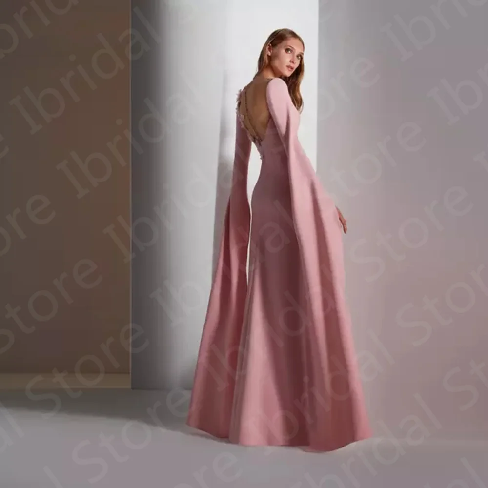 New Classic Pink Mother of the Bride Dress Full Length  Dresses Long Sleeves Wedding Party Gowns Illusion Back Flowers