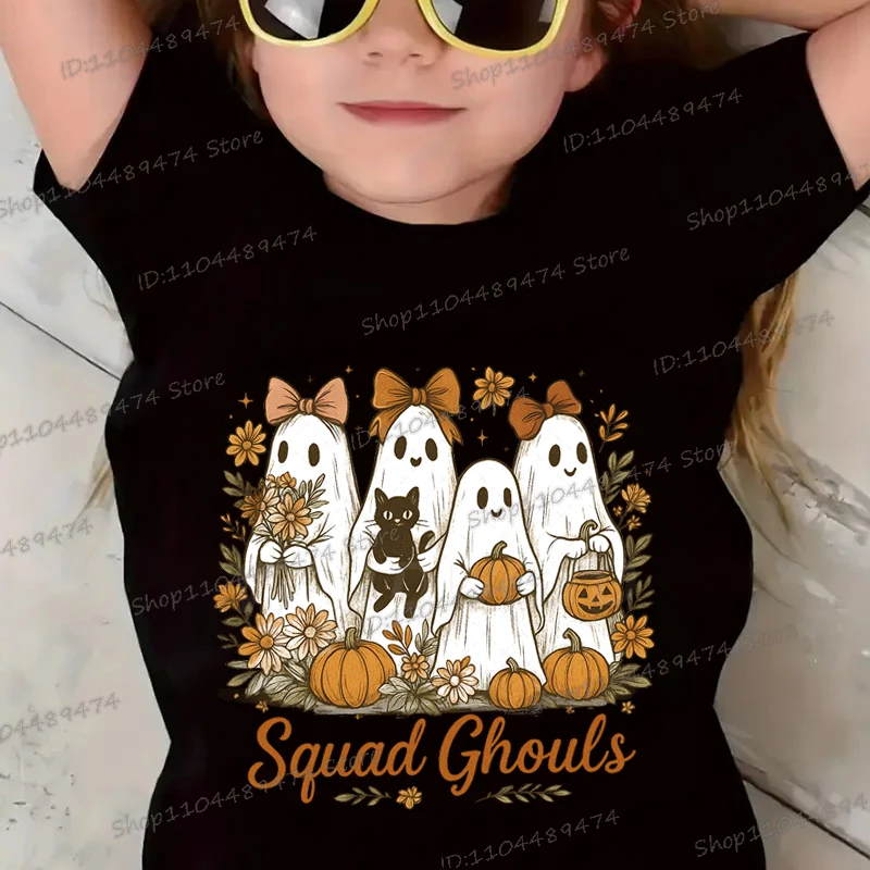 

Squas Ghouls Funny Ghost Pumpkin Print Kids Cotton T Shirts Spooky Season Cartoon Tees Boys Girls Halloween Gifts Streetwear