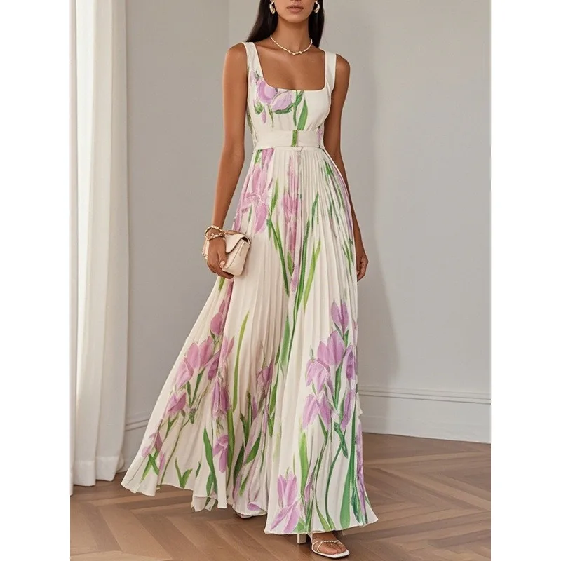 European and American Women's Wear Halter Digital Printed Pleated Floral Long Dress, Fashionable, Elegant and Grand Women's Wear