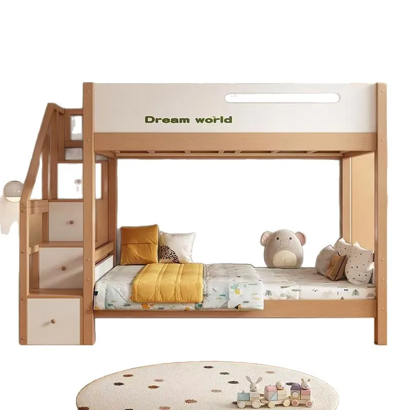 Kids Solid Wood Bunk Bed: Drawer Stair+Guardrail, Dream World Design, Space-Saving Children’s Bedroom Furniture
