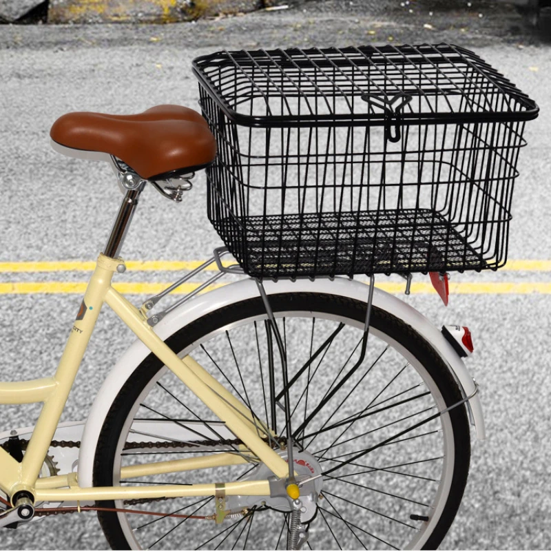 All-metal Solid Oversized Bicycle Basket Electric Vehicle Basket Black Rear Basket 45cm Bicycle with Cover Large Basket