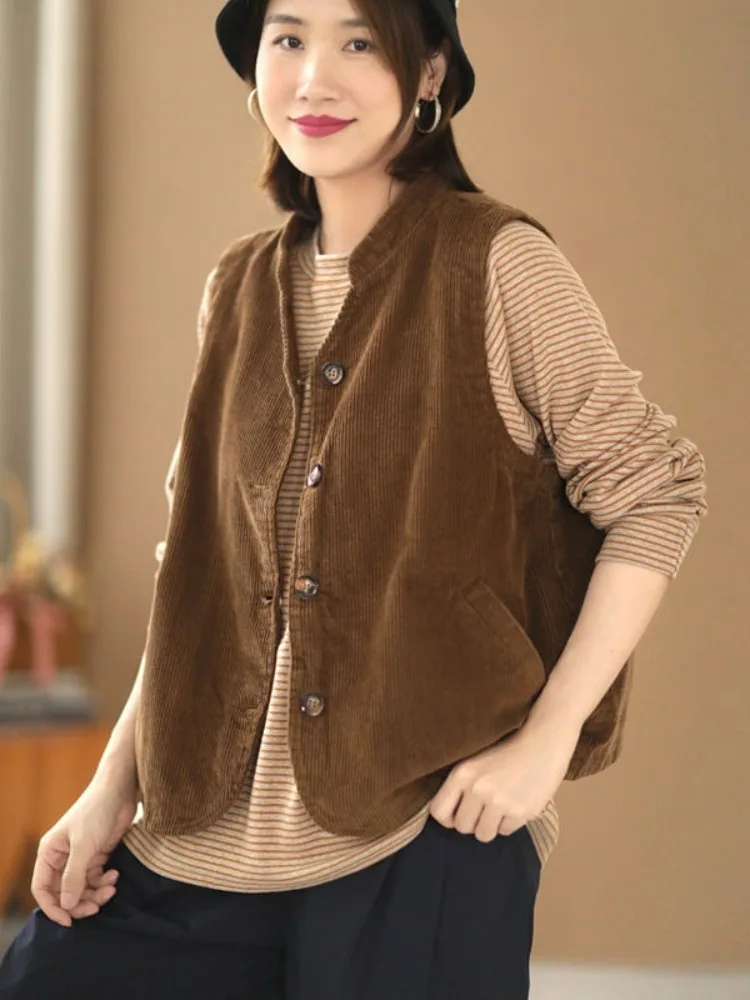 Chaleco tipo cárdigan abierto de pana de doble capa para mujer, con hombreras y cuello vuelto, estilo retro, tipo abrigo.