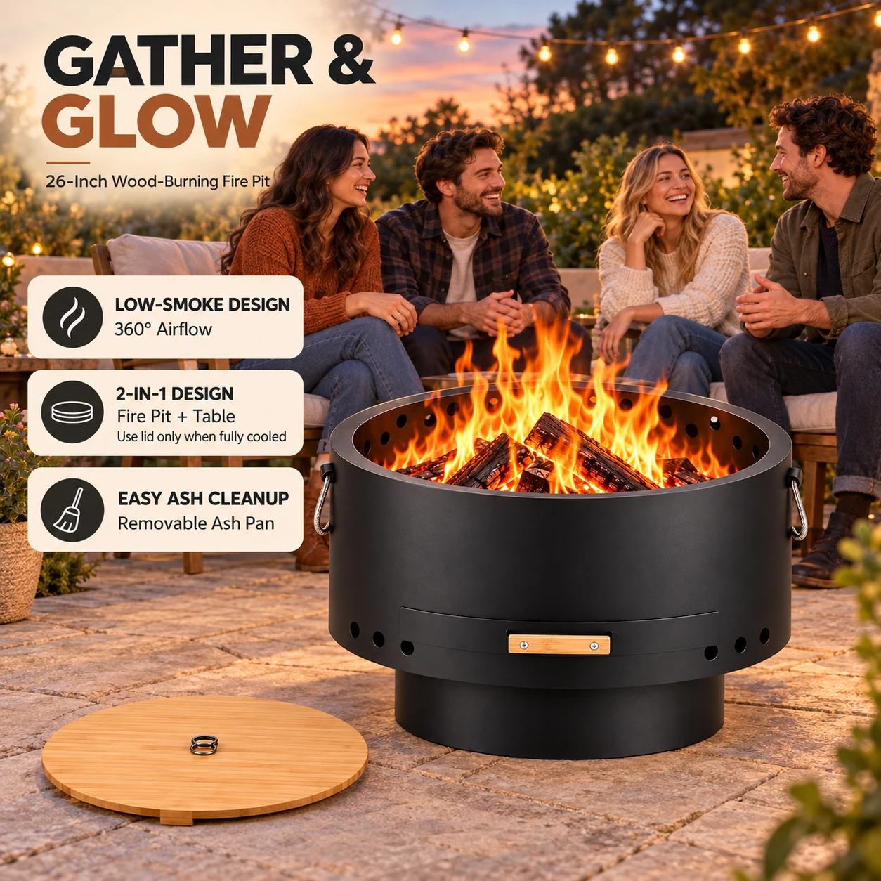 26 Inch Low Smoke Wood Burning Fire Pit Table 2 in 1 Round Stainless Steel Outdoor Firepit with Bamboo Lid Removable Ash Pan Poker and Carry Bag for Backyard Patio Camping and Gatherings with Friends
