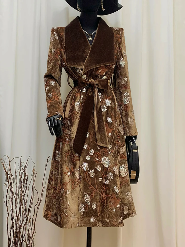 

YERMORA Brown Sequins Embroidery Belt Elegant Trench For Women Lapel Long Sleeve Loose New Windbreaker Fashion Autumn Winter