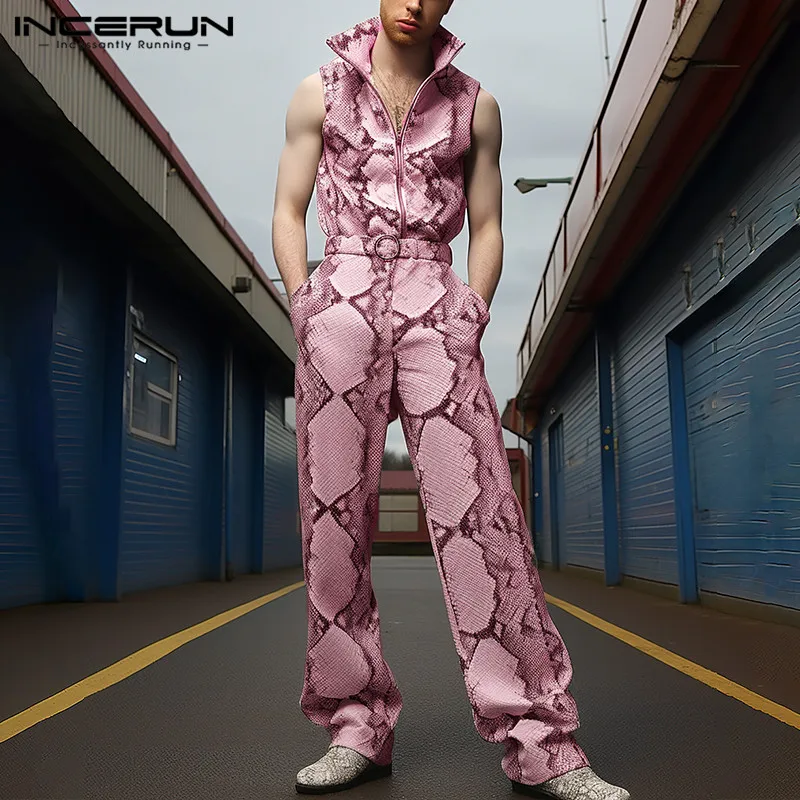 INCERUN Men Jumpsuits Printing Lapel Sleeveless Zipper Casual Male Rompers Streetwear 2024 Fashion Men Overalls With Belt S-5XL