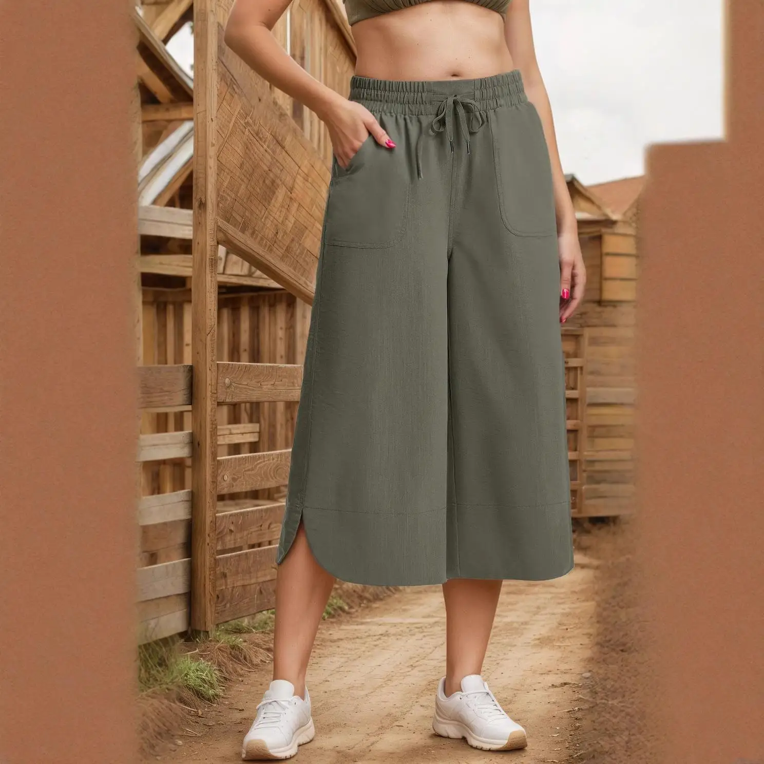캐주얼 엘라스틱 웨이스트 솔리드 컬러 와이드 레그 세븐풋 팬츠 여성용 루즈핏 봄 여름 가을 롱 슬리브 의류 세트