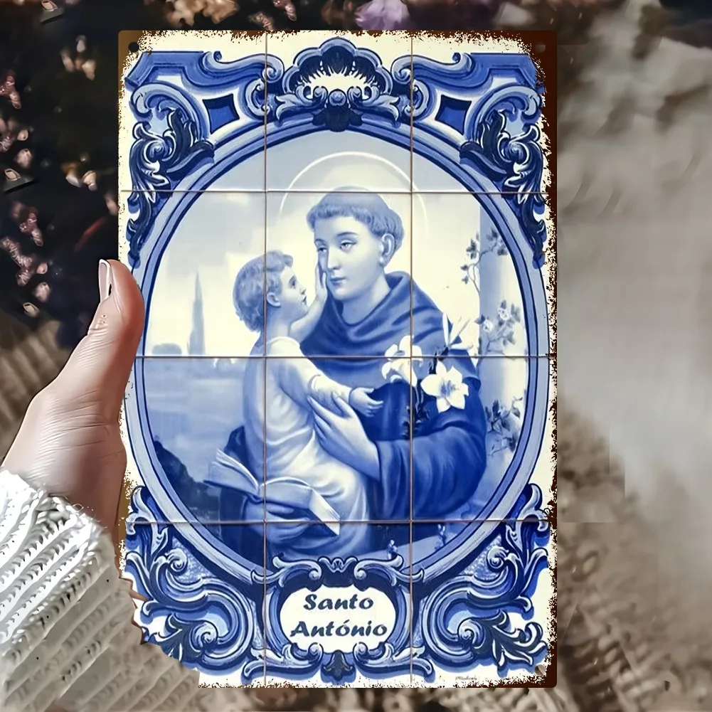 Vintage Santo António Metallschild im Blauen Azulejo-Stil, Religiöse Wanddekoration