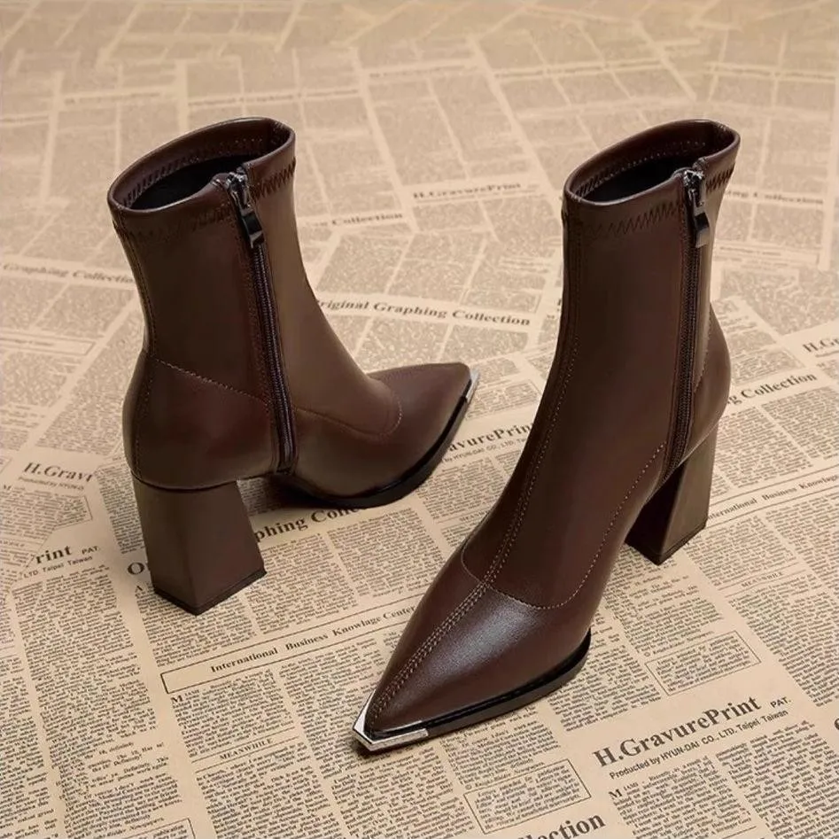 Damen Stiefeletten Blockabsatz High Heel Metallspitze Spitzer Zehenbereich Kurze Stiefel Reißverschluss PU Leder Herbst Winter Elegante Abendschuhe Büro Halbstiefel Bequem – Detail 6