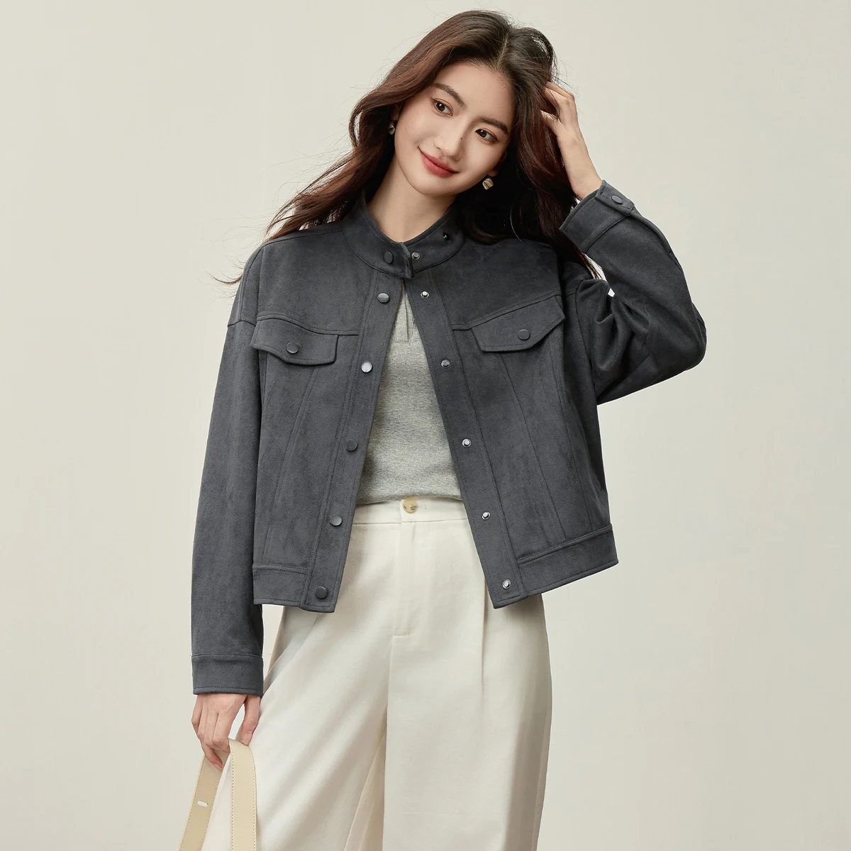 

SENTUBILA Women's Suede Short Jacket Casual Long Sleeve Coat for Women Fall 2025 Office Work Stand Collar Ladies Coats 153WB2263