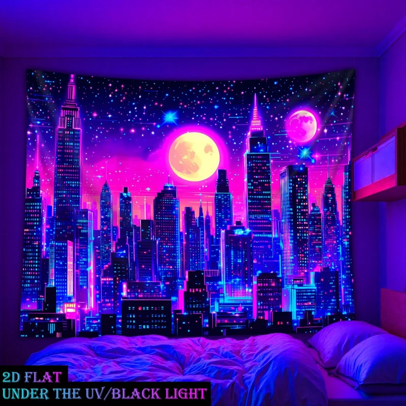 VIKAMA Cyberpunk Neon City Tapestry Vaporwave Purple Blue Gradient Starry Sky Wall Hanging for Gaming Room, Bedroom & Dorm Decor