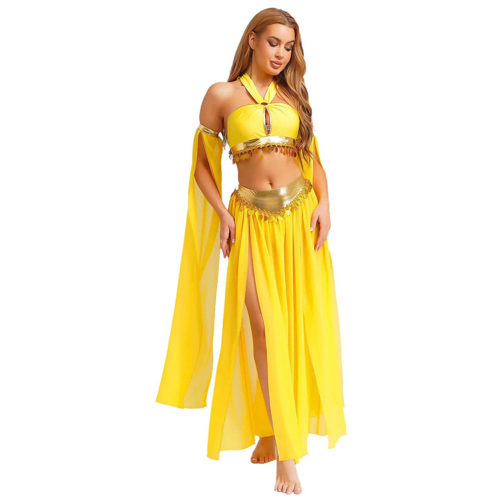 Oosterse Indiase buikdansoutfits voor dames Prestatiekostuum Crop top met pailletten aan de voorkant en ingebouwde slip Rok met zijsplitten