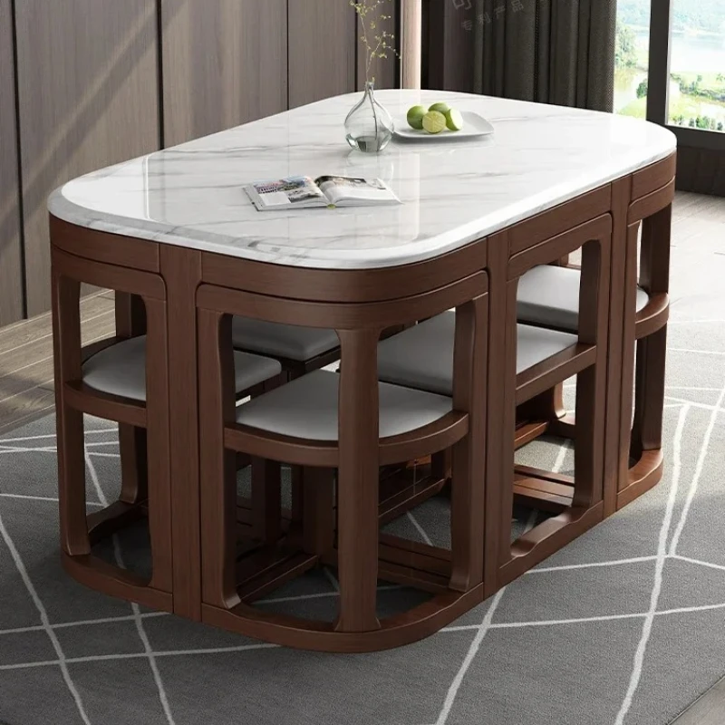 

Small household new Chinese-style rectangular hidden induction cooker marble one table and six chairs FT