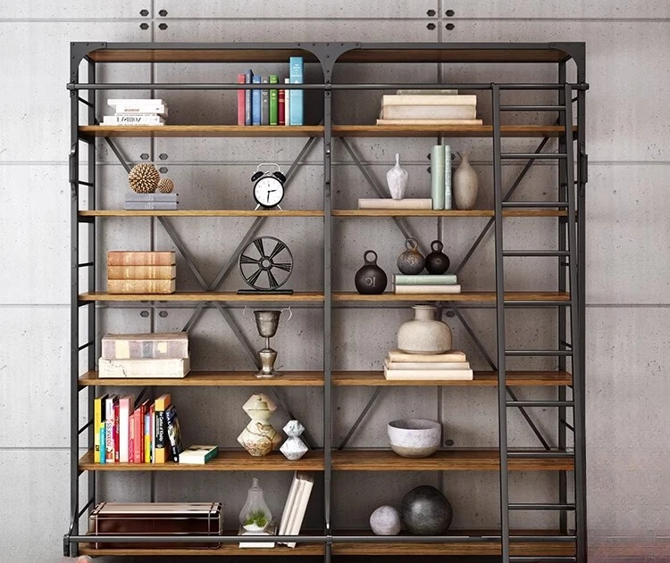 

Loft American industrial wind wrought iron solid wood shelf, living room bookshelf floor-to-ceiling multi-layer custom display