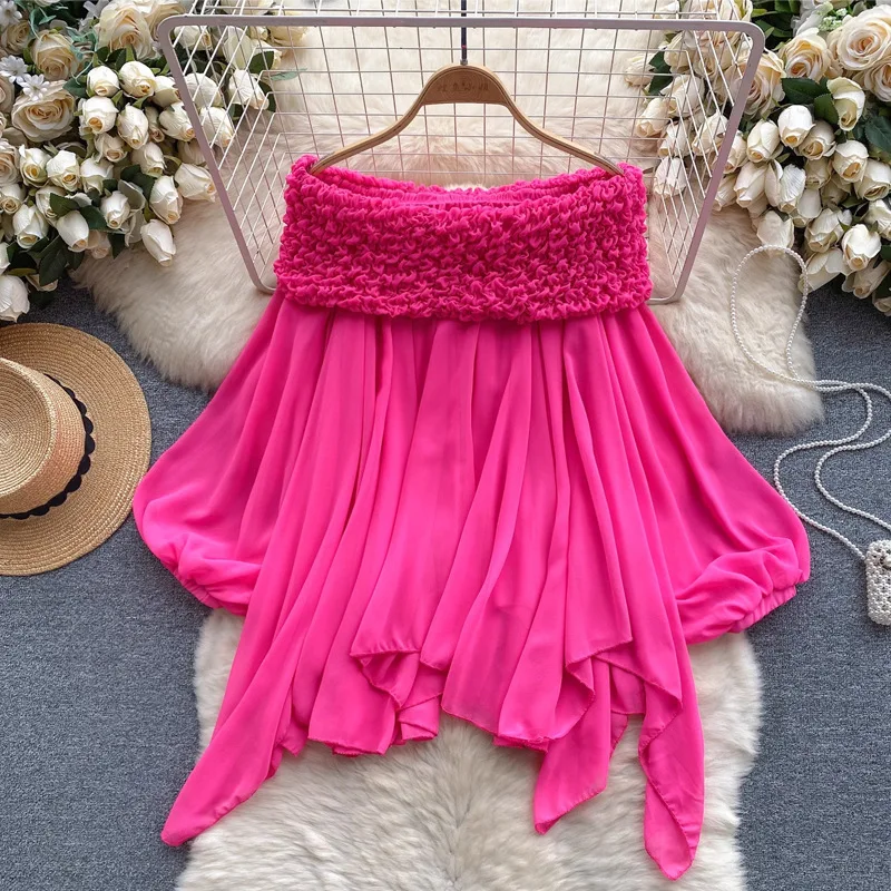 

Top Super Fairy Sweet Heavy Duty Folded One Word Neck Off Shoulder Pure Desire French Bubble Sleeve Irregular Chiffon Sweater