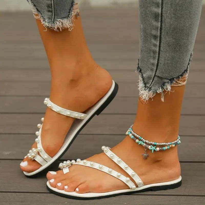 

Gladiator Sandals for Woman Summer 2023 Beach Holiday Ladies Flip Flops Large Size Flat Heels Beautiful pearl Women's Shoes 43