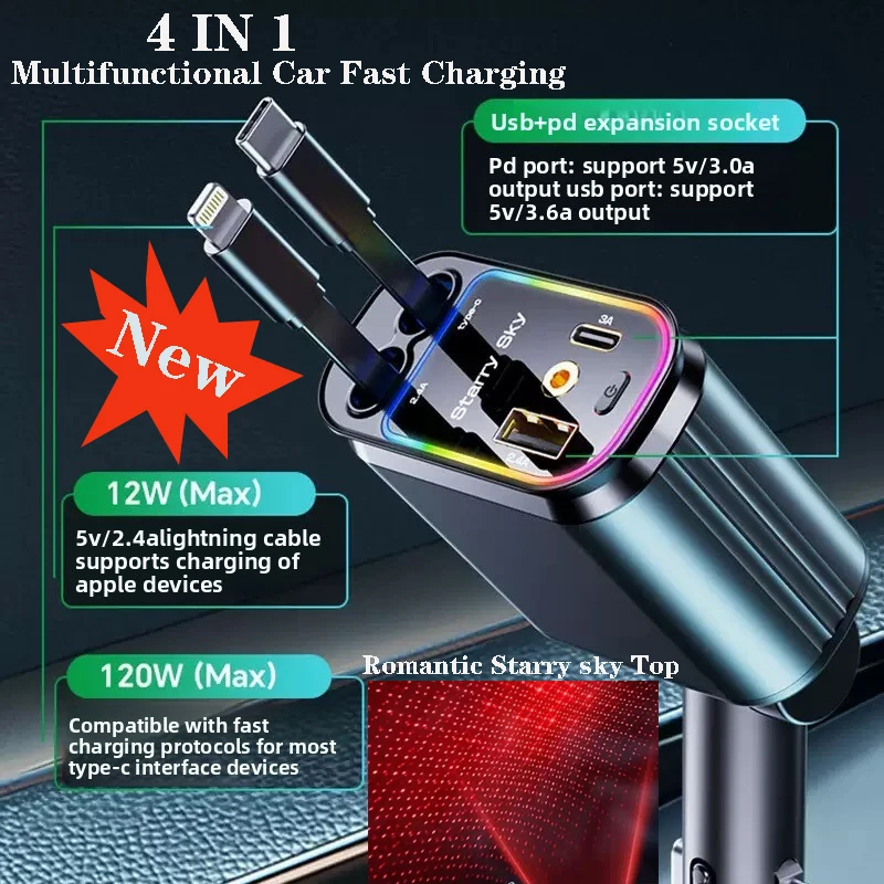 

Новое автомобильное зарядное устройство Stary Sky 4 в 1, выдвижной адаптер для автомобильного прикуривателя, 120 Вт, USB Type C, универсальный кабель для быстрого зарядного устройства для Iphone