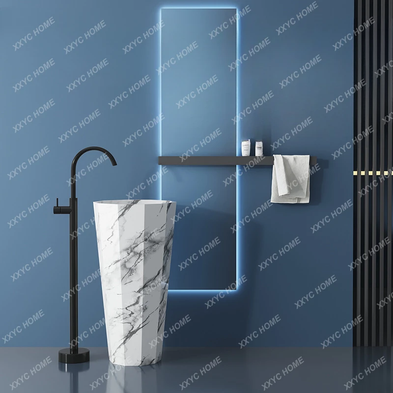 Stainless Steel Lavabo Household Marble Texture Appearance Column Wash Basin Hotel Integrated Floor Type Washbasin