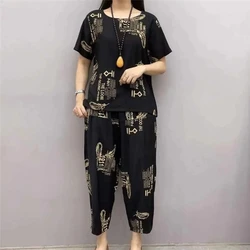 Women Boho Retro Ethnic Style Print Cotton Linen Blouse Two Pieces Set Summer Casual Loose Short Sleeve Tops Beach Pants Outfits