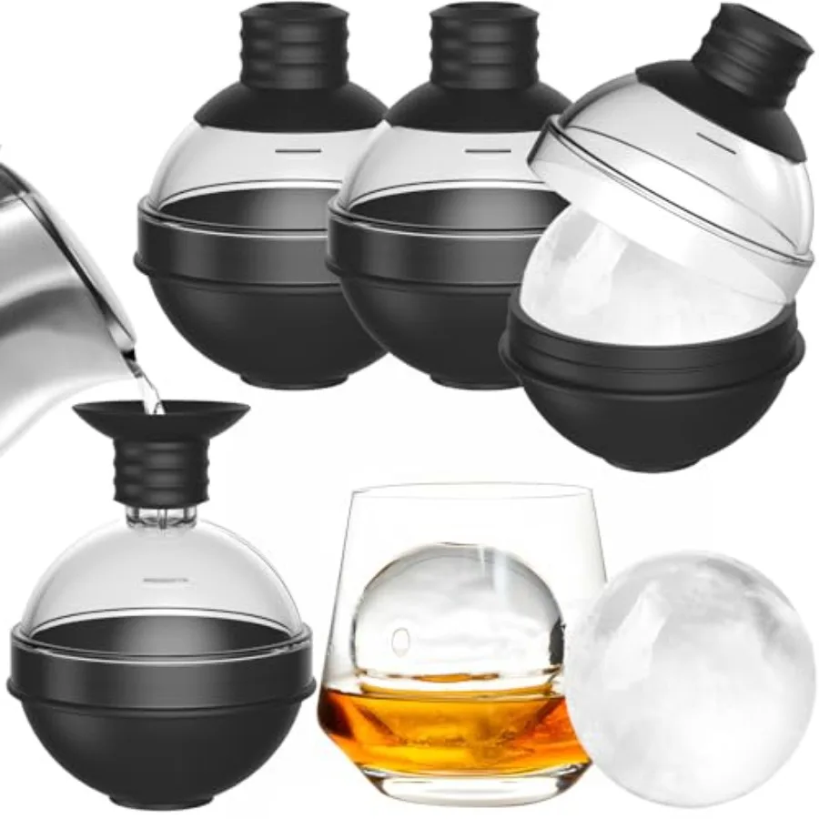 

Large Round Ice Ball Maker Mold Silicone for Whiskey - Set of 4 with 2-in-1 Funnel Lid - 2.4 Inch Big Sphere Ice Mold for Cockt