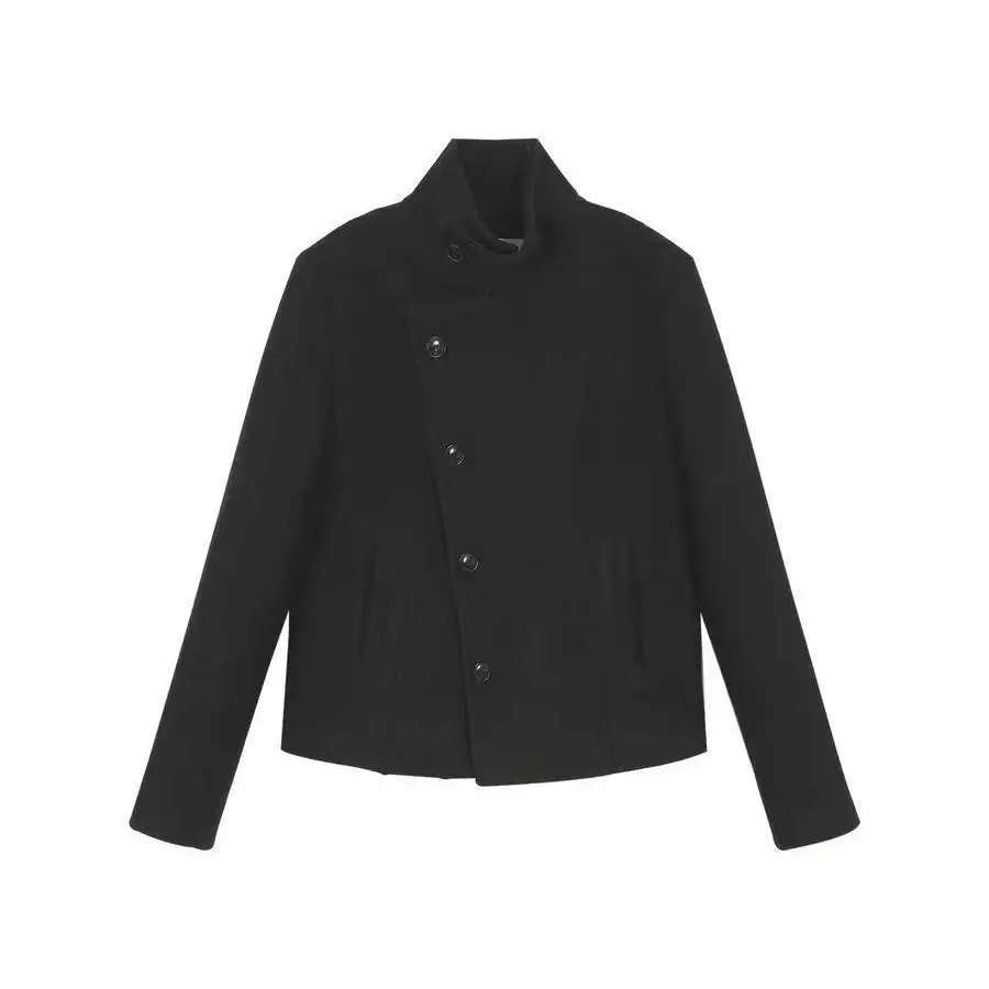 Women's Retro Slim Fit Thick Woolen Coat Korean Style High Neck Diagonal Button Design for Autumn Winter Fashion