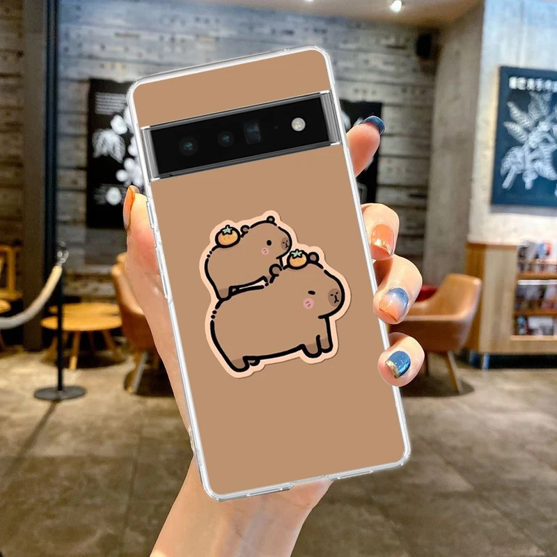 Cartoon Animal Capybara Couple Paired Phone Case For Google Pixel 9 8 7 6 Pro XL 8A 7A 6A 5 4 5A 4A 3A XL 5G Clear TPU Cover