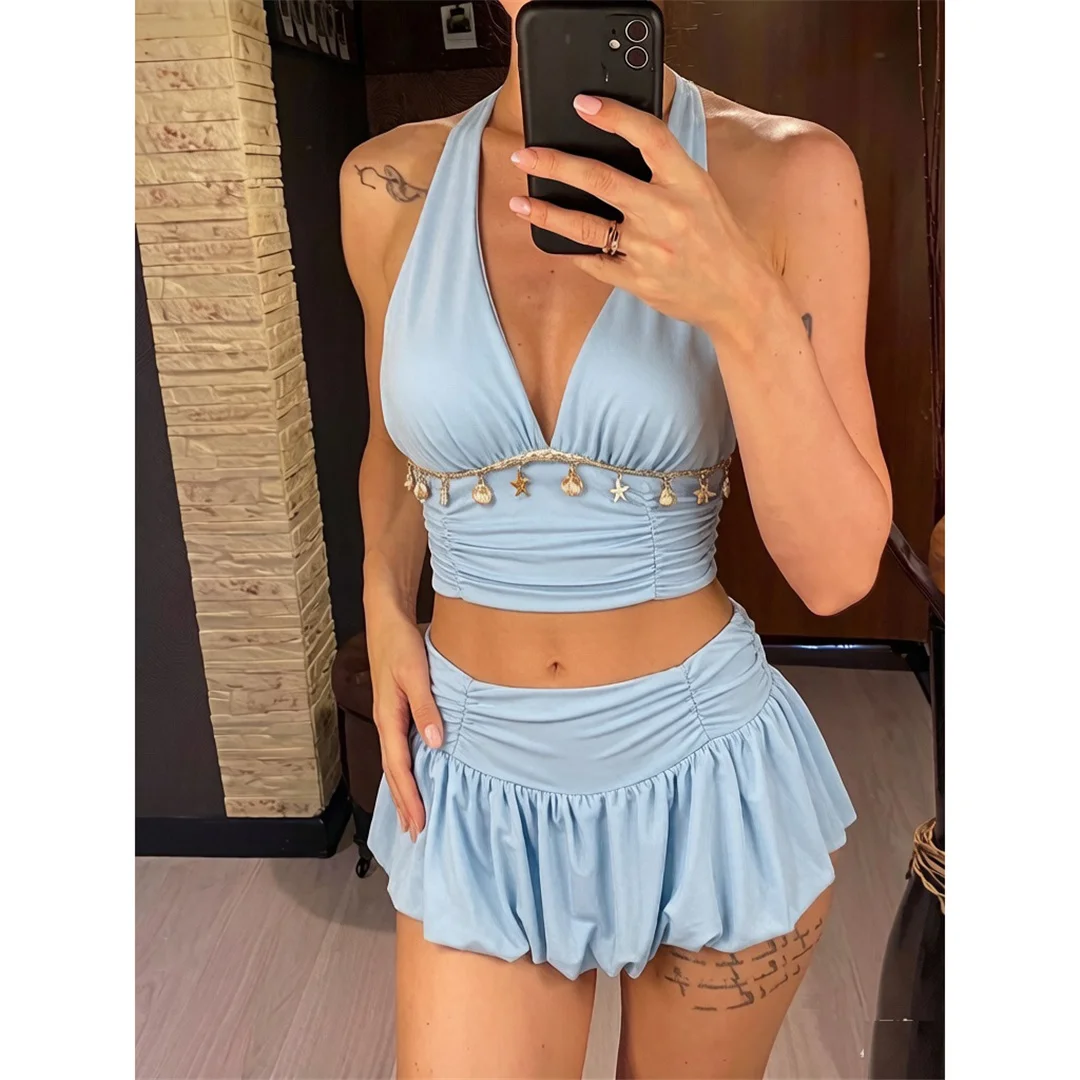 XS - L V-Ausschnitt, plissierter Rock, Bikini, Damen-Badeanzug, zweiteiliges Bikini-Set, gepolsterter Badeanzug, Badebekleidung, V8403 – Detail 3