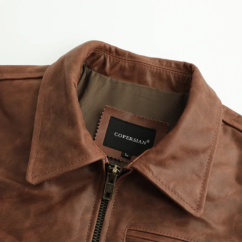 First Layer Cowhide Waxed Leather Tuxedo Motorcycle Leather Jacket Men\'s Biker Jacket Slim Lapel Short Coat