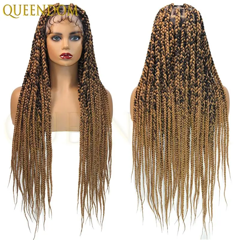 36 "الاصطناعية كامل الدانتيل شعر مستعار مضفر للنساء السود 1B27 صندوق جامبو الضفائر الدانتيل الباروكات كورنو Knotless صندوق جديلة شعر مستعار الأفريقي