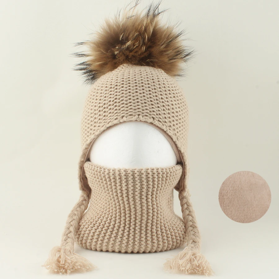 

Kids Winter Warm Knitted Fleece Lining Beanie Hat Neck Set Real Fur Pompom Hat Children Outdoor Thick Ear Protection Baby Cap