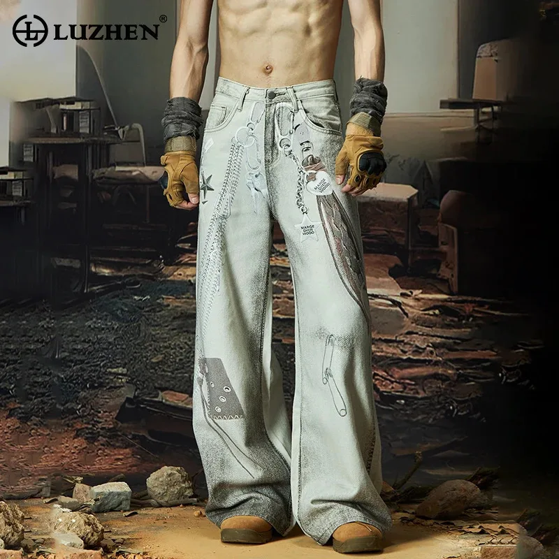 

LUZHEN Original Streetwear Men's 2025 New Personalized Pattern Printed Wide Leg Denim Pants Loose Straight Male Jeans JY2399