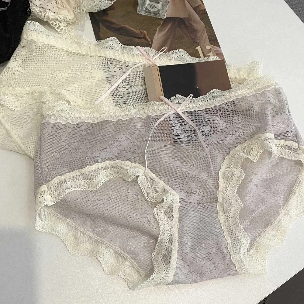 

Soft Mid Waist Lace Panties Briefs Transparent Underwear for Women Cotton Crotch Bow Mesh Lace Briefs Comfortable